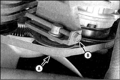 1. Ремень регулируется двумя болтами – регулировочным (В) и осевым (А), которые надо ослабить и…