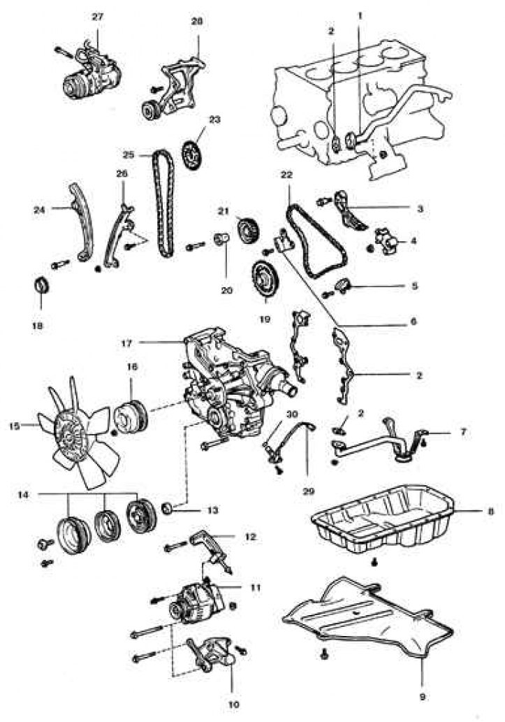 1. Перепускная труба охлаждающей жидкости N1; 2. Прокладка; 3. Успокоитель N₂; 4. Натяжитель N₂; 5.…