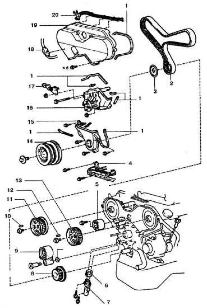 1. Прокладка; 2. Зубчатый ремень; 3. Направляющая; 4. Кронштейн проводов стартера; 5. Ролик…