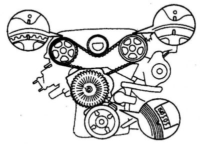15. Убедитесь в совмещении меток на шестерне распредвала (слева – метки на двигателе 3,0 л, справа…