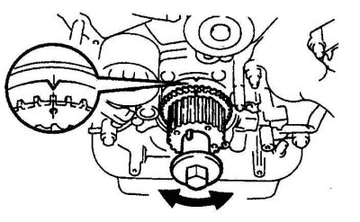 3. На двигателях 3,4 л не повредите вставку датчика вращения коленвала на ведущей звездочке.…