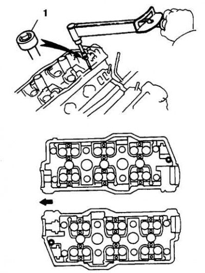 10. На двигателях 3,4 л отверните болты с внутренними шлицами (по одному на головку) (1 – 6-гранный…