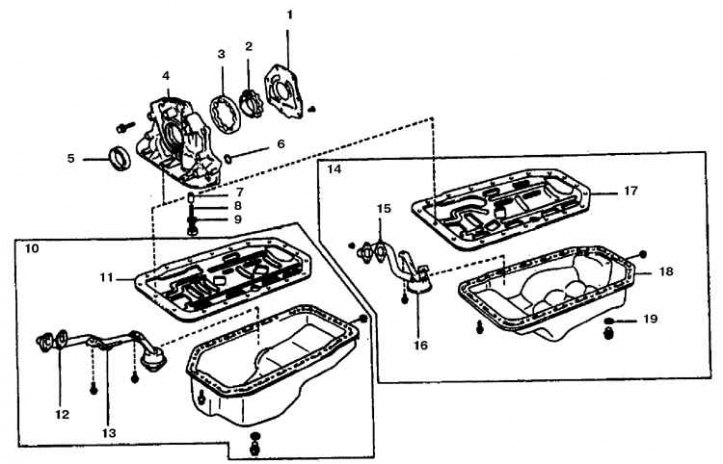 1. Крышка масляного насоса; 2. Ведущая шестерня; 3. Ведомая шестерня; 4. Корпус; 5. Сальник; 6.…