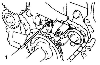 2. Зафиксируйте плунжер натяжителя цепи балансирного вала с помощью штыря (1).
