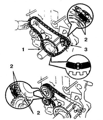 3. Установите балансирную цепь, совместив метки (2) на звездочке коленвала (1) и на шестерне…