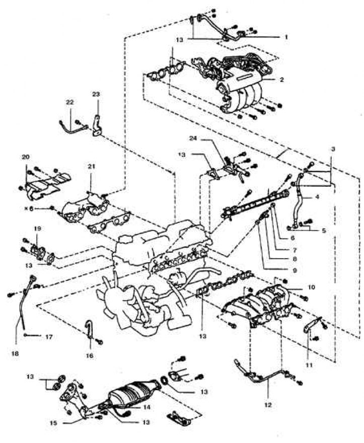 1. Трубка рециркуляции; 2. Уравнительная камера; 3, 13. Прокладка; 4. Бензопровод; 5. Гребенка; 6.…