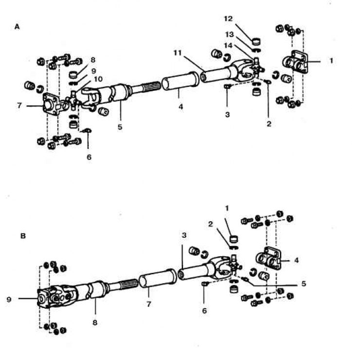 А: 1, 7. Вилка с фланцем; 2, 3, 6. Масленка; 4. Кожух; 5. Передний карданный вал; 8, 12. Подшипник;…