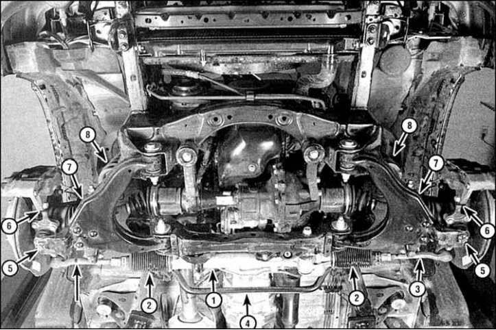 1. Рулевой механизм; 2. Чехлы; 3. Рулевые тяги; 4. Стабилизатор; 5. Нижняя шаровая опора; 6.…