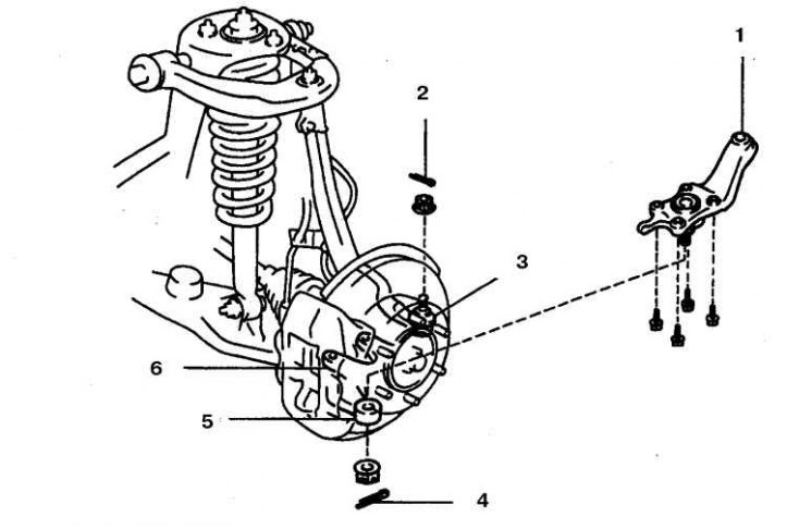 1. Нижняя опора; 2, 4. Шплинт; 3. Рулевая тяга; 5. Нижний рычаг; 6. Кулак
