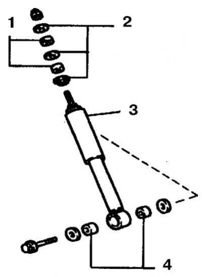 1. Шайбы; 2. Подушки; 3. Амортизатор; 4. Втулки